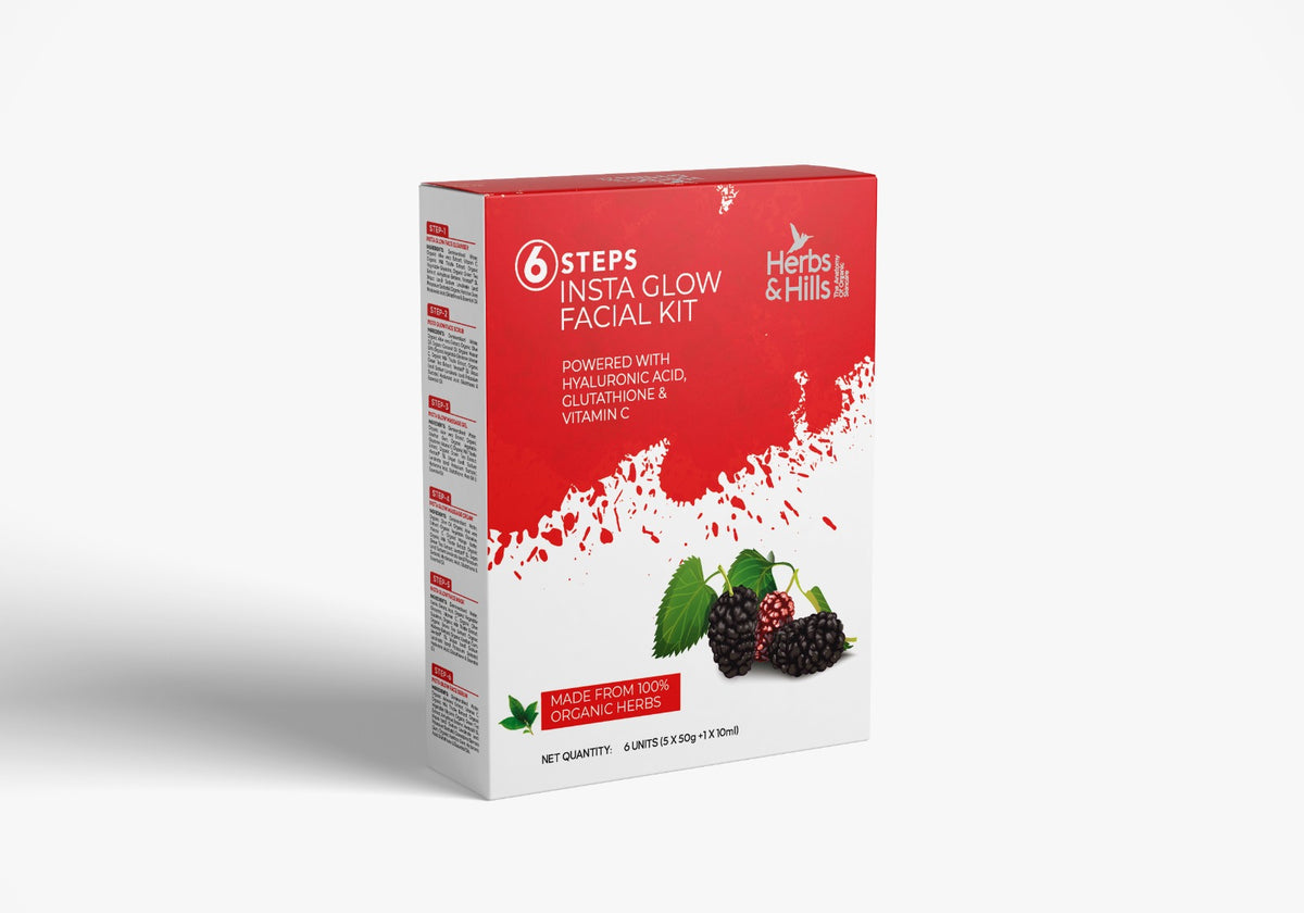 Herbs and Hills Insta Glow Facial Kit. 6-Pieces Skin Care Set with Deep Cleanser, Scrub, Nourishing Gel, Whitening Cream, Mask Pack And Serum, Acne Prone Tan Treatment For Bright Skin, 250 gm + 10 ml