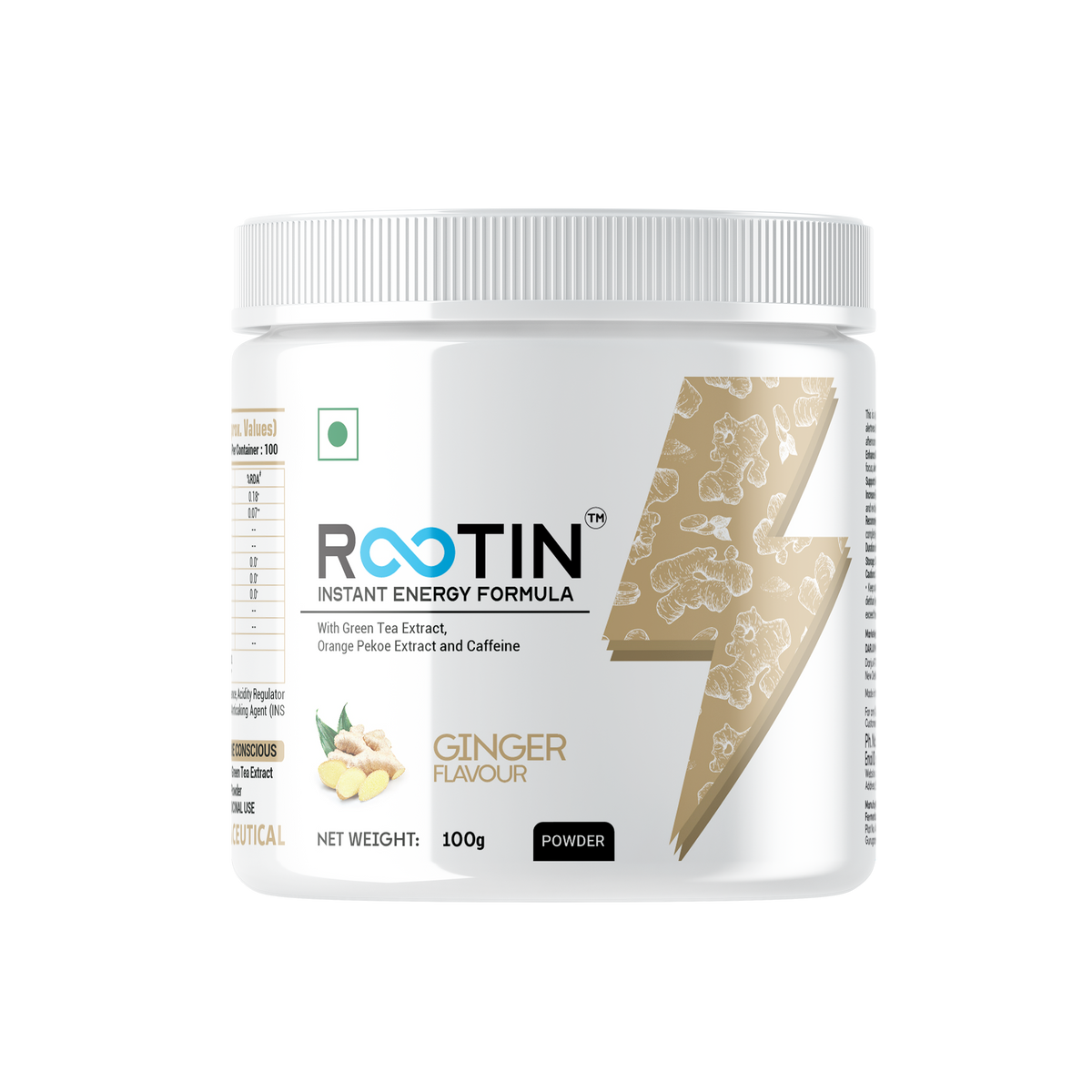 ROOTIN Ginger Flavour | Ginger Flavoured instant energy formula, Instant premix, Helps to reduce fatigue to the minimum level, Supports Healthy Metabolism, No artificial additives -100 gm