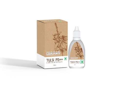 Darjuv9 Tulsi P5++ 30 ml. Drops, protect yourself against infections, ancient Ayurveda, contains the extracts of 5 types of Tulsi leaves which have therapeutic & antimicrobial