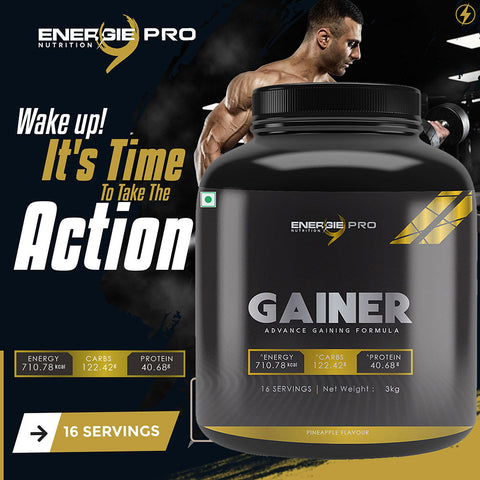 Energie9 Pro Gainer (Butter Scotch, Kulfi, Banana, Chocolate, Pineapple) - 3kg, Advance Gaining Formula, Weight Gain, Protein, Gainer for Men & Women, Muscle & Strength Building, Healthy Fat, Whey Protein, No Added Sugar.