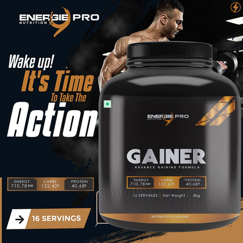 Energie9 Pro Gainer (Butter Scotch, Kulfi, Banana, Chocolate, Pineapple) - 3kg, Advance Gaining Formula, Weight Gain, Protein, Gainer for Men & Women, Muscle & Strength Building, Healthy Fat, Whey Protein, No Added Sugar.