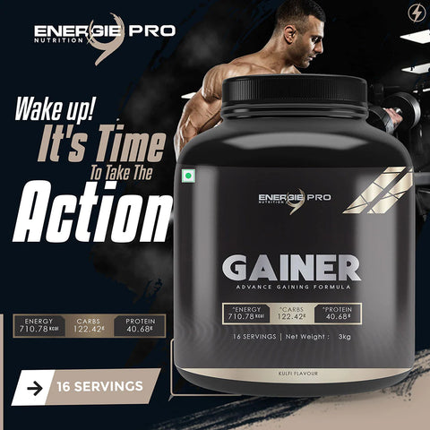 Energie9 Pro Gainer (Butter Scotch, Kulfi, Banana, Chocolate, Pineapple) - 3kg, Advance Gaining Formula, Weight Gain, Protein, Gainer for Men & Women, Muscle & Strength Building, Healthy Fat, Whey Protein, No Added Sugar.